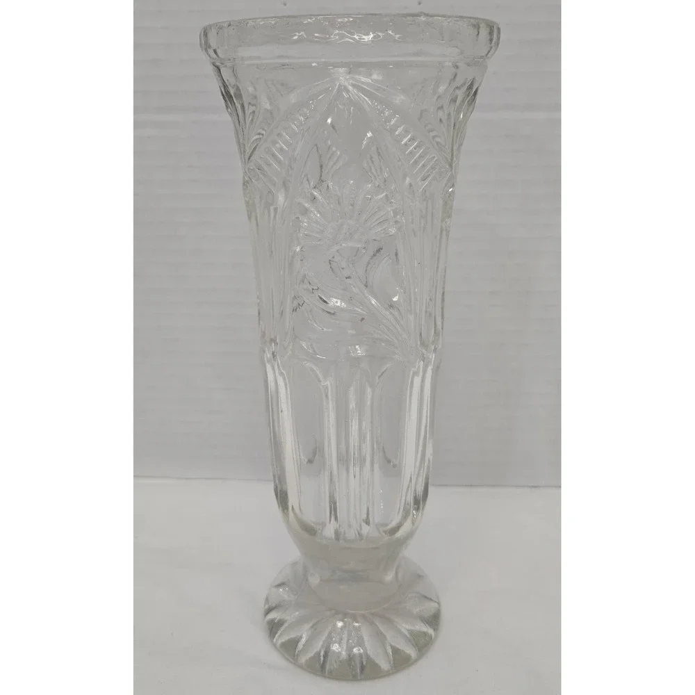 Vtg Clear Pressed Glass Pedestal Vase, Scalloped Fan Diamond Rim Footed Trumpet